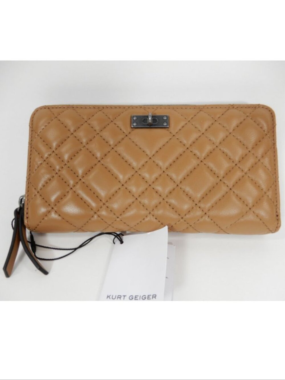 KURT GEIGER London Quilted Leather Zip Around WALLET Camel Brown NEW